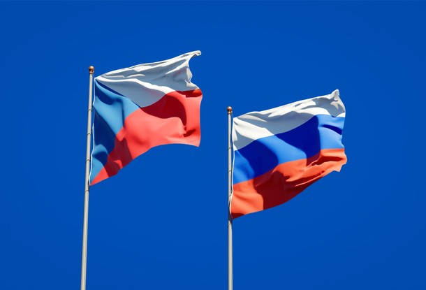 beautiful national state flags of russia and czech together at the sky background. 3d artwork concept.